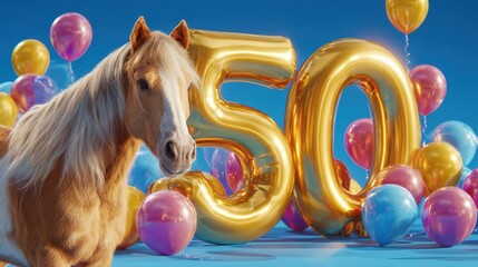 Pferd steht vor goldener 50-Jubiläumszahl mit Ballons und Konfetti