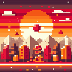 Retro pixel vector with blocky elements in red and orange tones