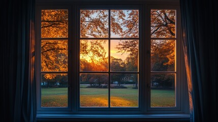 Large window with close-up view of sunset