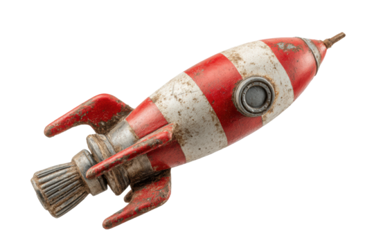 PNG Vintage red and white striped metal toy rocket ship on black background