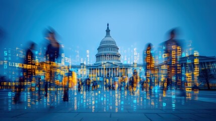 Blurred crowd walking in front of grand government building with binary digital background, blue and yellow palette, motion effect, double exposure effect, bokeh and HDR. Bohemian style amber lighting