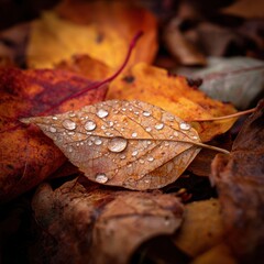 Autumn leaves with water drops close-up