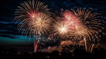 Vibrant fireworks explode across the twilight sky, painting a grand spectacle of golden and red bursts over silhouetted trees and distant city lights.