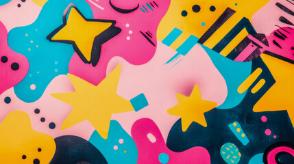 Playful Abstract Artwork with Yellow Stars and Bright Geometric Shapes
