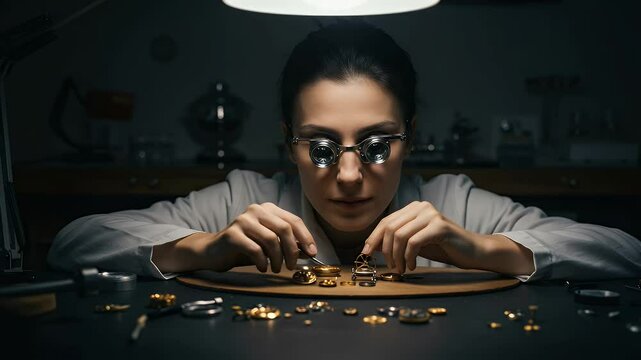 Woman watchmaker meticulously working on a watch mechanism