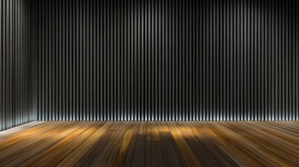 A modern, empty room with a wooden floor and vertical black metal wall panels illuminated by soft lighting, Minimalist home decor with slat.