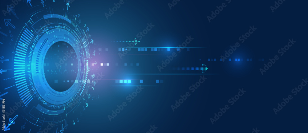Fototapete Futuristic background with glowing circle elements, binary code and moving arrows. Ideal for topics related to cybersecurity, innovation, data processing and high-tech solutions.