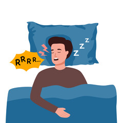 Snoring vector illustration. Young man lying in the bed, snores loudly with open mouth while deep sleep. Male person catching some zzz's. Sleep apnea, snoring, fast asleep concept for web. Flat design