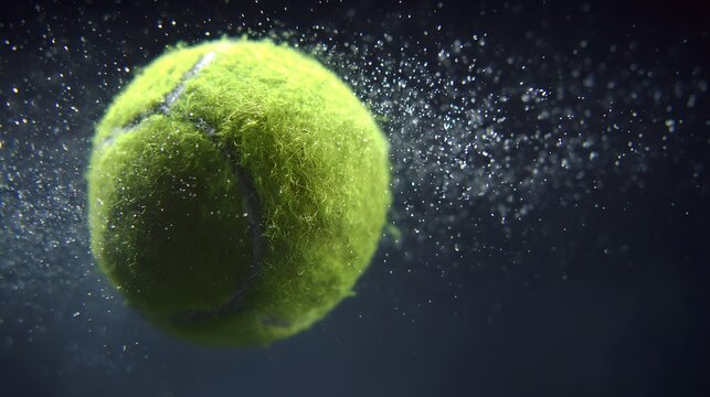 A tennis ball spinning with droplets of water, highlighting its vibrant green color and texture. - Powered by Adobe