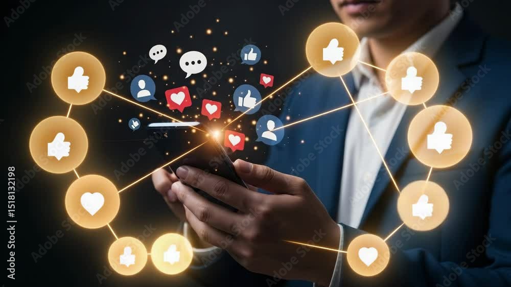 Poster Man in suit using phone with social media icons floating above on a dark background for marketing use
