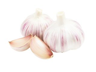 Two garlic bulbs with separated cloves isolated on transparent PNG