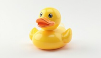 Single Yellow Rubber Duck on White Surface Symbolizing Childhood Bathing Fun