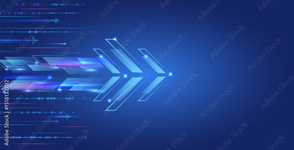 Poster Abstract futuristic technology background with hexagonal shapes, glowing circuit lines and digital elements on blue gradient. Ideal for high-tech presentation, science fiction projects.