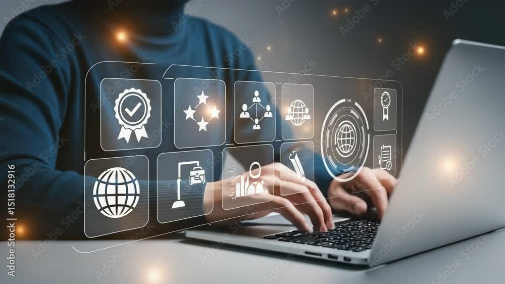 Poster person typing on laptop with digital overlay showing quality and business related icons displayed ab