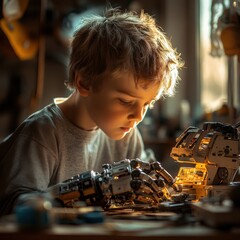 Boy Assembles Robots in Workshop with Natural Light and Focus