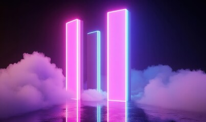 Neon pillars in clouds, futuristic scene, digital art, background ideal for music album cover