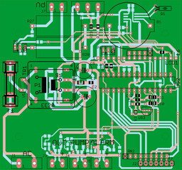 Vector printed circuit board of electronic device with components of radio elements, 
conductors and contact pads placed on pcb. 
Engineering technical educational drawing.
Computer technic cad design