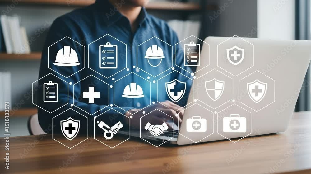 Poster Man using laptop with safety and health icons overlayed on the screen in an office setting view