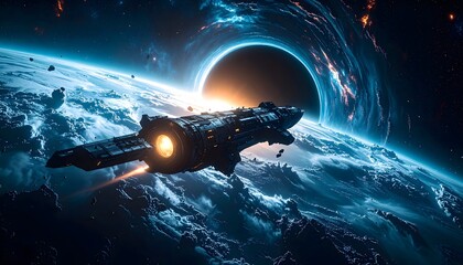 A derelict starship drifting near a black hole, long abandoned by its crew. Alien code controls its systems, sending broken distress signals into the void—silent, eerie, and full of dread.

