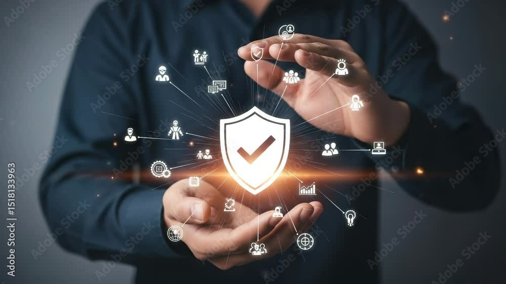 Poster Person holding a shield with checkmark surrounded by connected icons in a digital environment