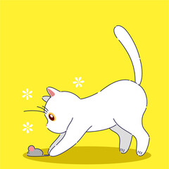 A delightful and cute white cat is curiously playing with a small toy mouse against a bright, vibrant yellow backdrop