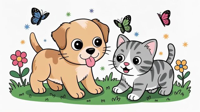 Happy cartoon dog and cat playing together on green grass with colorful butterflies and flowers overhead. Cute pet friendship for children's educational content and cheerful themes animation.