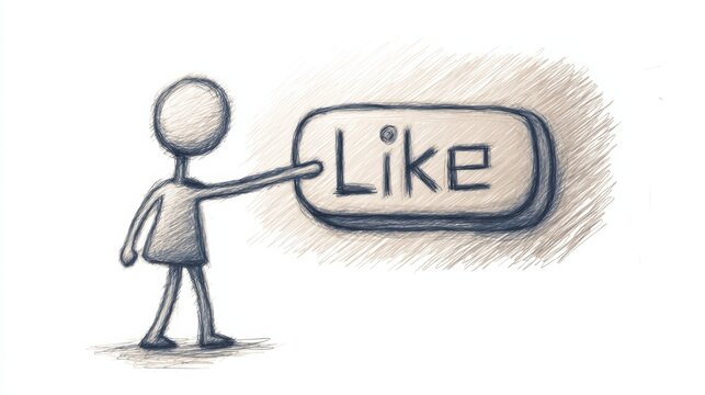 Drawing of a stick figure pressing a Like button to express approval of a digital content interaction