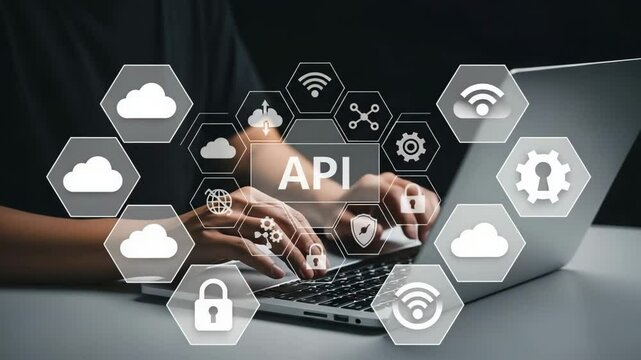 Person typing on a laptop with api icons overlayed on the screen in a dark studio setting