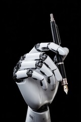 Robotic hand holding a fountain pen with precision against a black background
