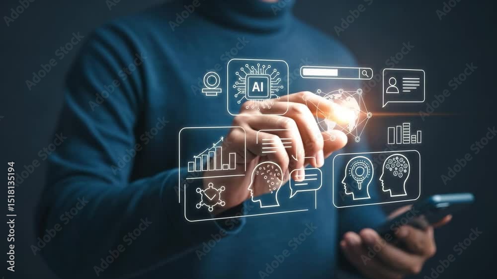 Poster Person using a digital pen on a screen with ai icons and virtual data visualizations displayed