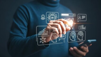 Person using a digital pen on a screen with ai icons and virtual data visualizations displayed - Powered by Adobe