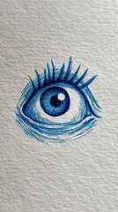 Detailed blue eye sketch on textured paper showcases intricate lines and depth through artistic illustration techniques