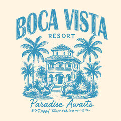 Boca Vista Resort hand drawing. Tropical beach hotel vintage resort graphics. summer t-shirt design in vector. aloha inland for relax unwind. Hawaii vibes artwork . © Justin