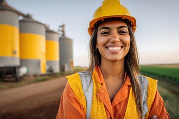 Woman in safety gear smiles confidently at a rural agricultural site with silos during sunset in the background