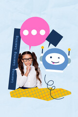 Trend artwork composite 3D photo collage design of learning young school age girl think chatbot ai...