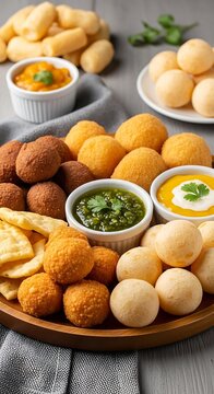 Snack platter with quibe, risoles, and bolinha de queijo and sauces