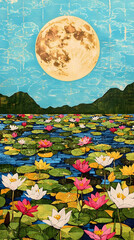 Colorful Lotus Pond Scene Under Moonlight