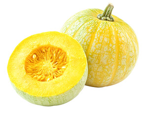Halved and whole yellow pumpkin with green stripes isolated on transparent PNG