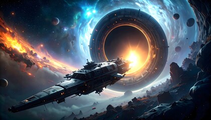 A derelict starship drifting near a black hole, long abandoned by its crew. Alien code controls its systems, sending broken distress signals into the void—silent, eerie, and full of dread.

