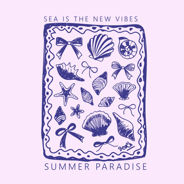 Retro Tropical Summer Hand drawn , Sea shell , Vector illustration. Bohemian linear logos, icons and symbols, sea, ocean, beach and surfing. Sun, seashell.  