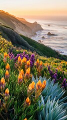 Fototapeta premium Coastal wildflowers bloom vibrantly along the rugged shoreline at sunset near the ocean