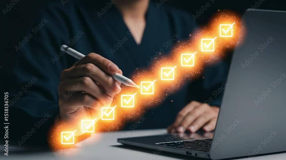 Poster person using stylus on laptop with glowing checklist icons for task management and productivity
