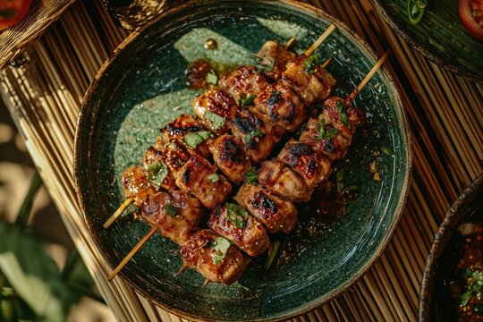 Moo Ping Thai grilled pork skewers glazed with sweet soy served on bamboo mat close-up