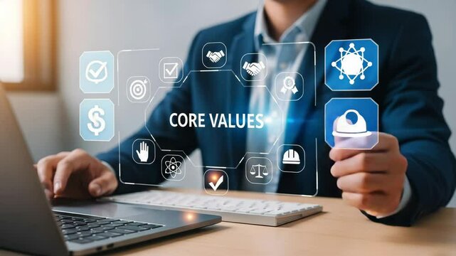 Man interacting with core values interface on laptop wearing a blue suit at a desk indoors