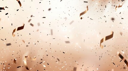 Rose gold ribbons and confetti falling on soft beige background with scattered particles, free place for text. New Year, Christmas, birthday, holiday celebration banner