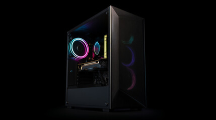 a sleek custom PC with RGB lighting, showcasing high-performance components on a minimalist black background