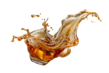 PNG Splashing glass of whiskey on black background with dynamic liquid motion