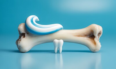 Toothpaste on Bone with Tooth Model on Blue Background