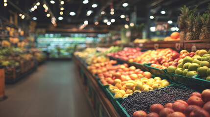Fresh produce aisle in a modern grocery store, vibrant fruits and vegetables neatly arranged under soft lighting