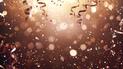 Bronze ribbons and confetti falling with bokeh lights on festive light brown celebration background, place for text. New Year, Christmas, birthday, holiday celebration banner
